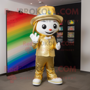 Gold Rainbow mascot costume character dressed with a Bermuda Shorts and Hat pins