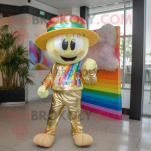 Gold Rainbow mascot costume character dressed with a Bermuda Shorts and Hat pins