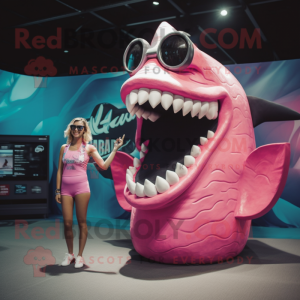 Pink Megalodon mascot costume character dressed with a One-Piece Swimsuit and Sunglasses