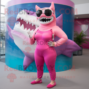 Pink Megalodon mascot costume character dressed with a One-Piece Swimsuit and Sunglasses