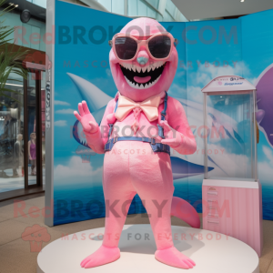 Pink Megalodon mascot costume character dressed with a One-Piece Swimsuit and Sunglasses