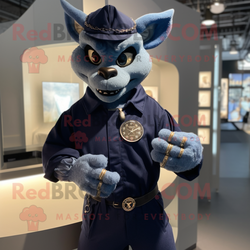 Navy Gargoyle mascot costume character dressed with a Jumpsuit and Bracelet watches Navy Gargoyle mascot costume character dressed with a Jumpsuit and Bracelet watches