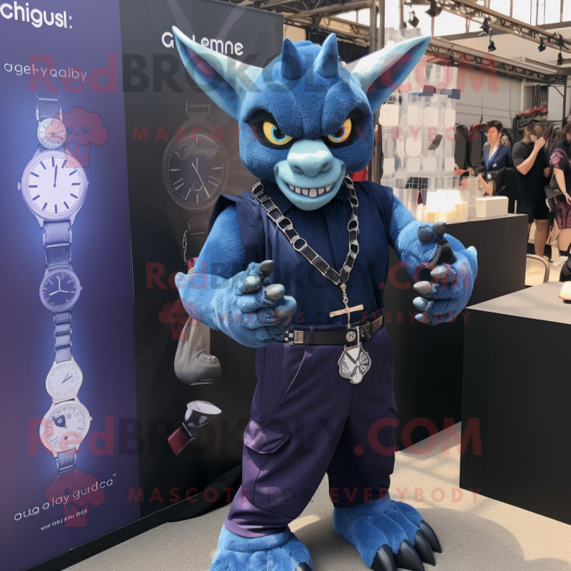 Navy Gargoyle mascot costume character dressed with a Jumpsuit and Bracelet watches Navy Gargoyle mascot costume character dressed with a Jumpsuit and Bracelet watches