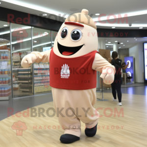 Beige Bottle Of Ketchup mascot costume character dressed with a Jumpsuit and Backpacks