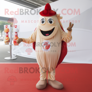 Beige Bottle Of Ketchup mascot costume character dressed with a Jumpsuit and Backpacks