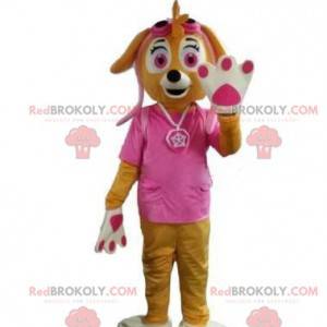 Mascotte de chien marron, de chienne habillée en rose -