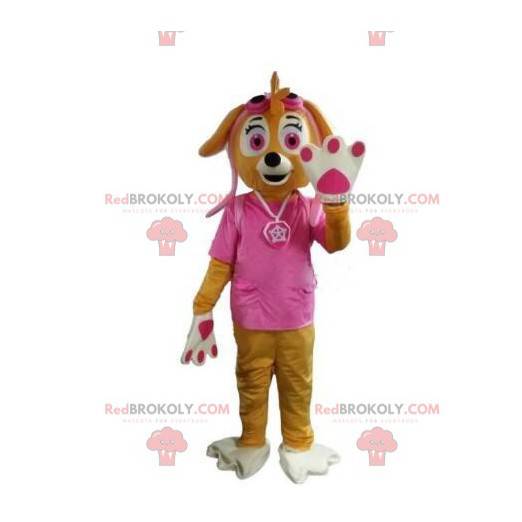 Brun hundemaskot, tispe kledd i rosa - Redbrokoly.com