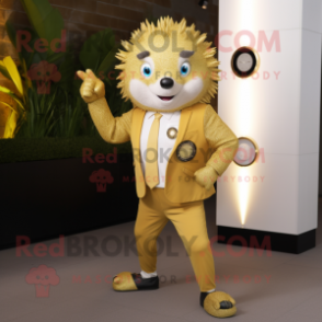 Gold Hedgehog mascot costume character dressed with a Suit Pants and Digital watches