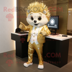 Gold Hedgehog mascot costume character dressed with a Suit Pants and Digital watches