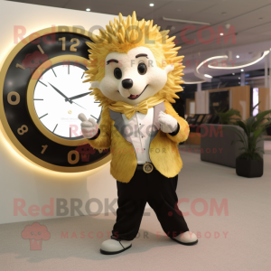 Gold Hedgehog mascot costume character dressed with a Suit Pants and Digital watches