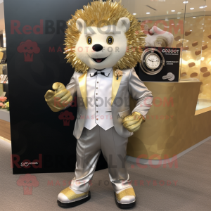 Gold Hedgehog mascot costume character dressed with a Suit Pants and Digital watches