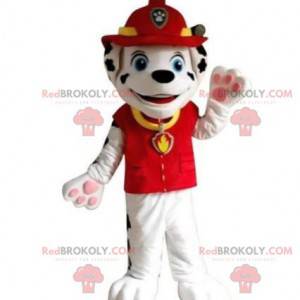 Mascote dálmata vestido de bombeiro, fantasia de bombeiro -