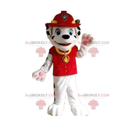 Dalmatisk maskot klädd som brandman, brandmandräkt -