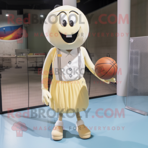 Cream Basketball Ball mascot costume character dressed with a Pencil Skirt and Suspenders