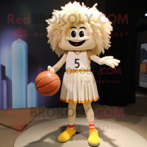 Cream Basketball Ball mascot costume character dressed with a Pencil Skirt and Suspenders