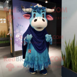Blue Jersey Cow mascot costume character dressed with a Culottes and Shawls