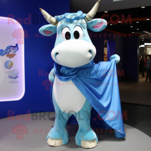 Blue Jersey Cow mascot costume character dressed with a Culottes and Shawls
