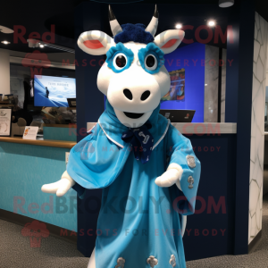 Blue Jersey Cow mascot costume character dressed with a Culottes and Shawls