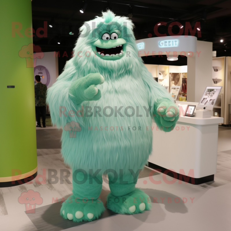 Green Yeti mascot costume character dressed with a A-Line Skirt and Cummerbunds Green Yeti mascot costume character dressed with a A-Line Skirt and Cummerbunds