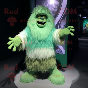 Green Yeti mascot costume character dressed with a A-Line Skirt and Cummerbunds