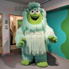 Green Yeti mascot costume character dressed with a A-Line Skirt and Cummerbunds