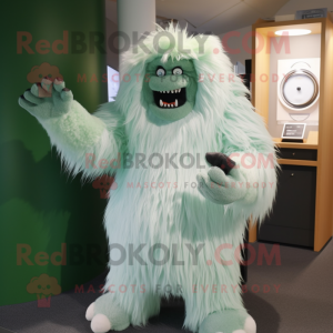 Green Yeti mascot costume character dressed with a A-Line Skirt and Cummerbunds