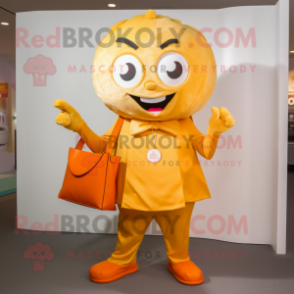 Gold Orange mascot costume character dressed with a Poplin Shirt and Handbags