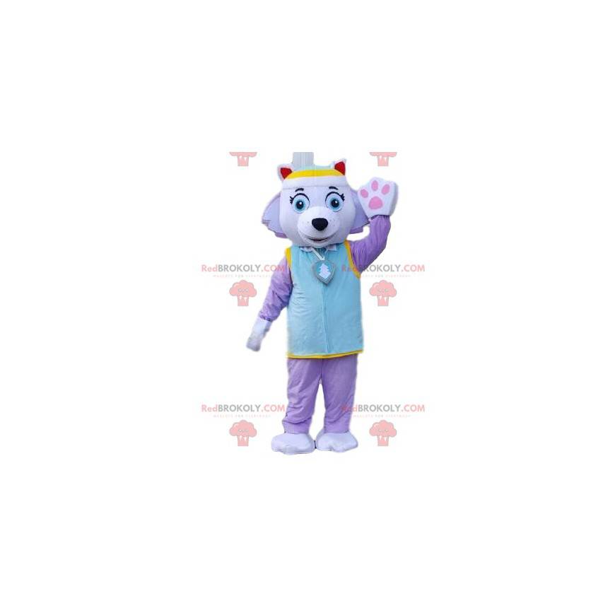 Psí maskot ve fialovém oblečení. Barevný kostým fenky - Psí maskot ve fialovém oblečení. Barevný kostým fenky -