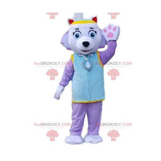 Dog mascot in purple outfit. Colorful bitch costume -