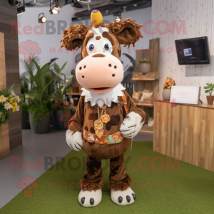 Brown Holstein Cow mascot costume character dressed with a Playsuit and Hairpins