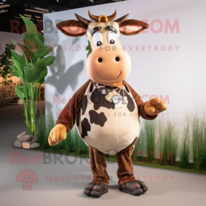 Brown Holstein Cow mascot costume character dressed with a Playsuit and Hairpins