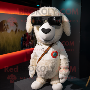 White Sheep mascot costume character dressed with a Henley Shirt and Sunglasses