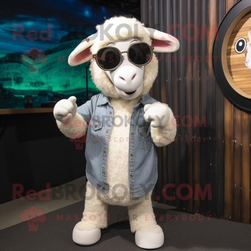 White Sheep mascot costume character dressed with a Henley Shirt and Sunglasses