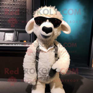 White Sheep mascot costume character dressed with a Henley Shirt and Sunglasses