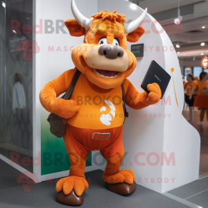 Orange Minotaur mascot costume character dressed with a Capri Pants and Messenger bags