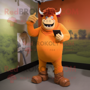 Orange Minotaur mascot costume character dressed with a Capri Pants and Messenger bags