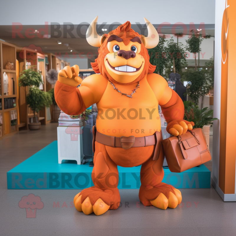 Orange Minotaur mascot costume character dressed with a Capri Pants and  Messenger bags - Mascot Costumes -  Sizes L (175-180CM)