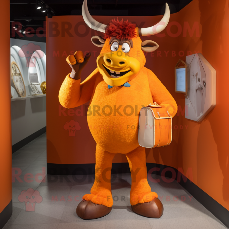 Orange Minotaur mascot costume character dressed with a Capri Pants and Messenger bags