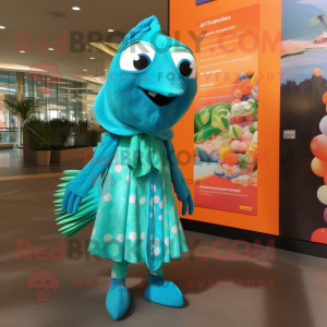 Turquoise Salmon mascot costume character dressed with a Wrap Dress and Shoe clips