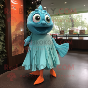 Turquoise Salmon mascot costume character dressed with a Wrap Dress and Shoe clips