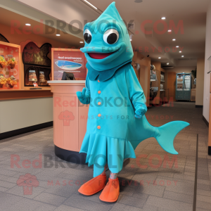 Turquoise Salmon mascot costume character dressed with a Wrap Dress and Shoe clips