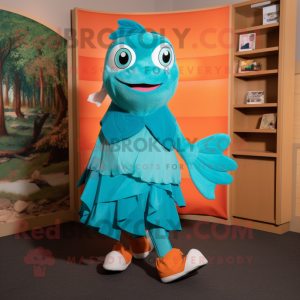 Turquoise Salmon mascot costume character dressed with a Wrap Dress and Shoe clips