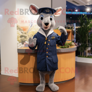 Navy Kangaroo mascot costume character dressed with a Long Sleeve Tee and Lapel pins