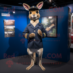 Navy Kangaroo mascot costume character dressed with a Long Sleeve Tee and Lapel pins