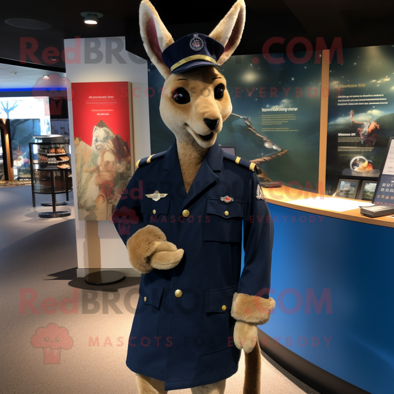 Navy Kangaroo mascot costume character dressed with a Long Sleeve Tee and Lapel pins