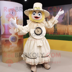 Cream Scarecrow mascot costume character dressed with a Circle Skirt and Digital watches