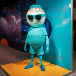 Cyan Volleyball Ball mascot costume character dressed with a Playsuit and Sunglasses