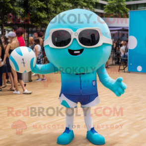 Cyan Volleyball Ball mascot costume character dressed with a Playsuit and Sunglasses