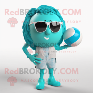 Cyan Volleyball Ball mascot costume character dressed with a Playsuit and Sunglasses