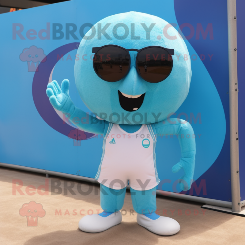 Cyan Volleyball Ball mascot costume character dressed with a Playsuit and Sunglasses Cyan Volleyball Ball mascot costume character dressed with a Playsuit and Sunglasses